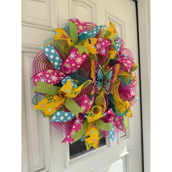 Butterfly Deco Mesh Ribbon Spring Summer Wreath Front Door Hanger Home Decor - Picture 6 of 7